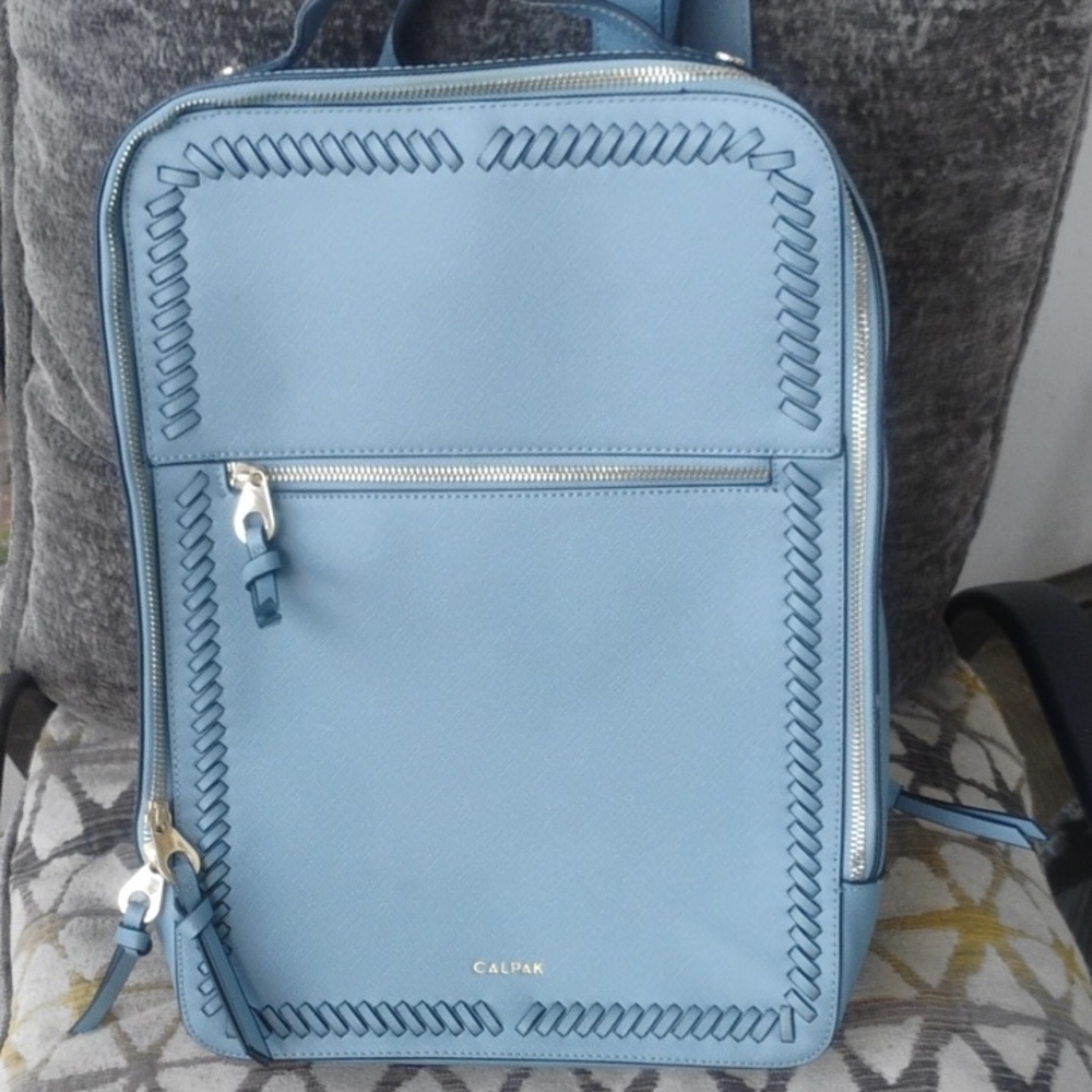 Calpak Blue Faux Leather Laptop Backpack